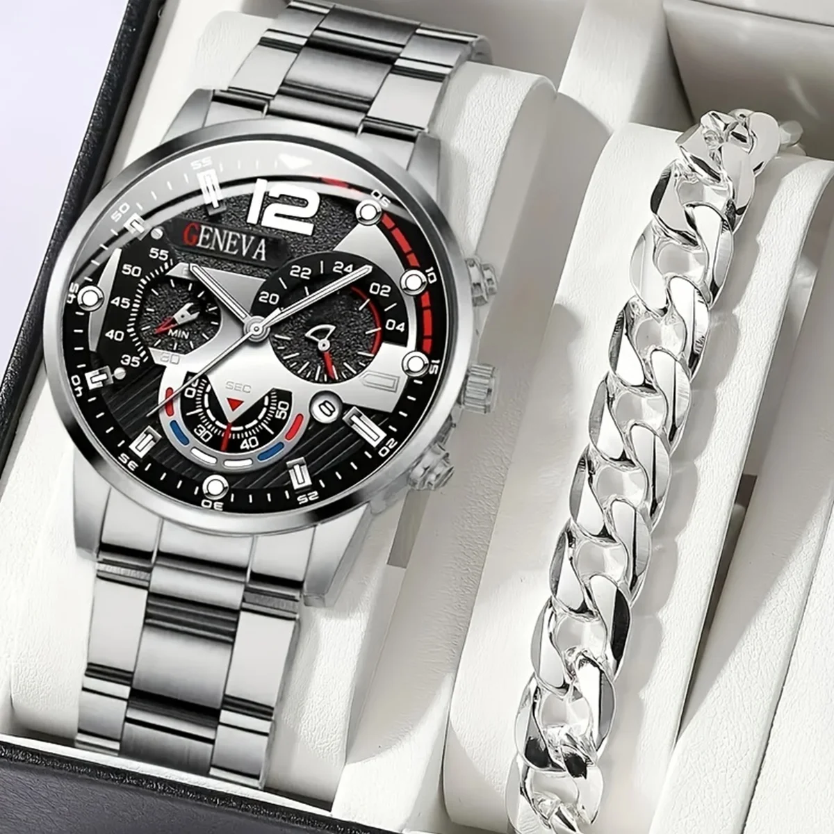 2pcs Luxury Mens Silver Quartz Watch With Stainless Steel Bracelet Men Fashion Business Casual Watch Luminous Clock