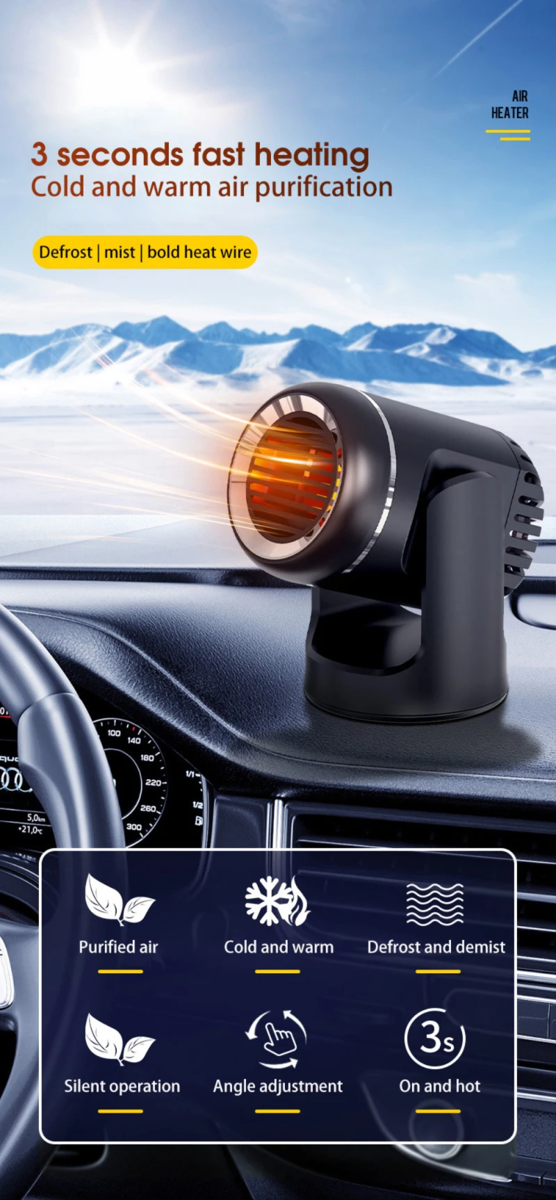 

New 2 In 1 Portable Car Heater Cooling Fan 12V 150W Car Windshield Defroster Demister
