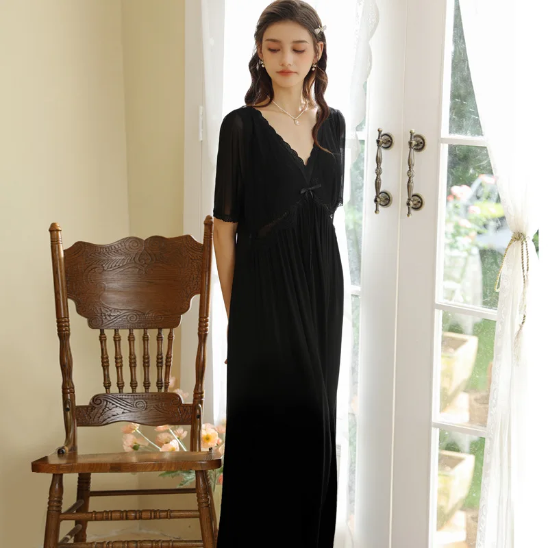 Summer Women Lace Nightdress, French Princess Style Short Sleeve V-Neck Pajama Dress with Built-in Chest Pad for Home Loungewear