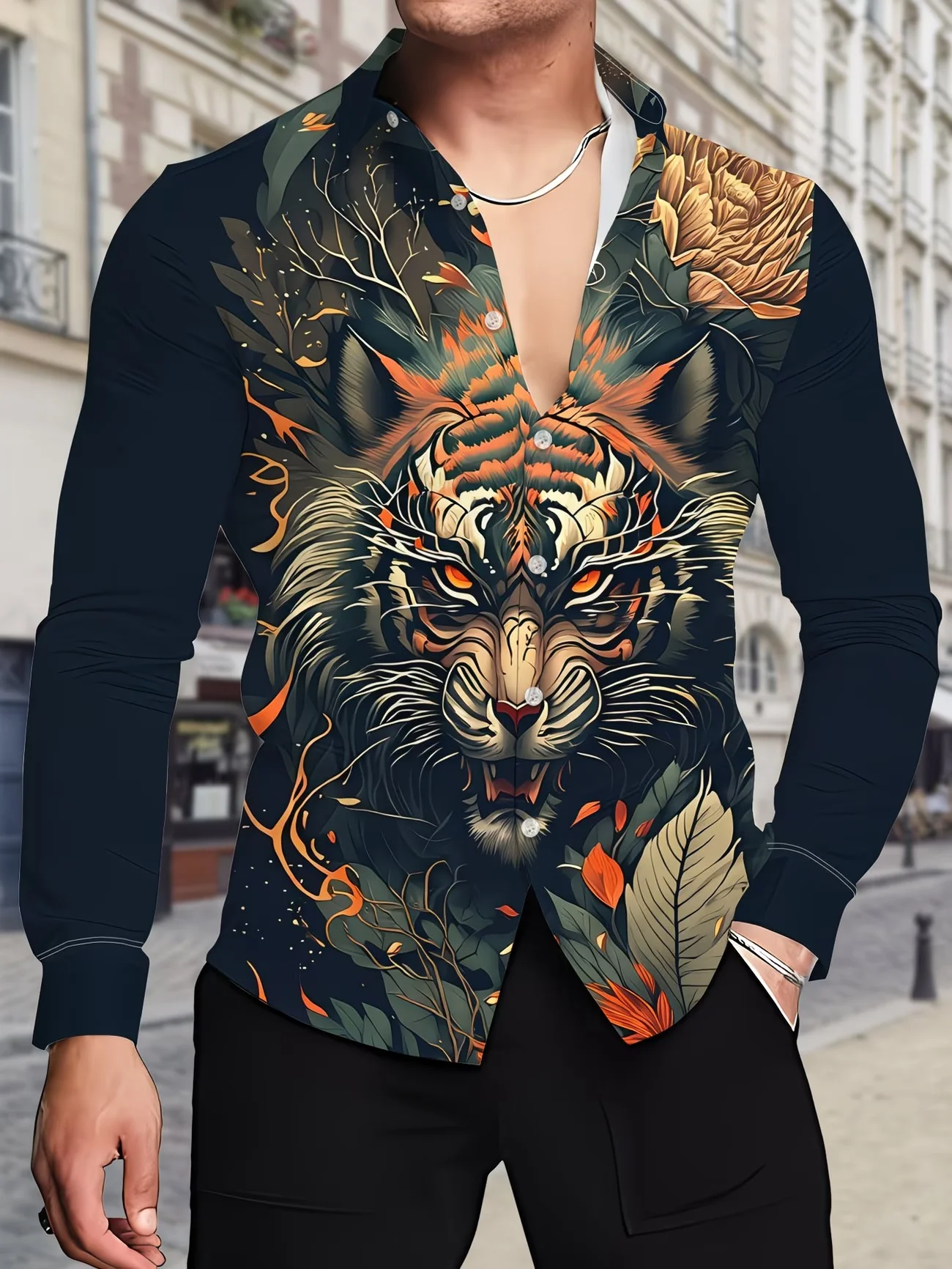 Men Trendy Button‑Up Turn‑Down Collar Shirt Striking Art Pattern Print Long Sleeve Top Daily Night Event Outfit