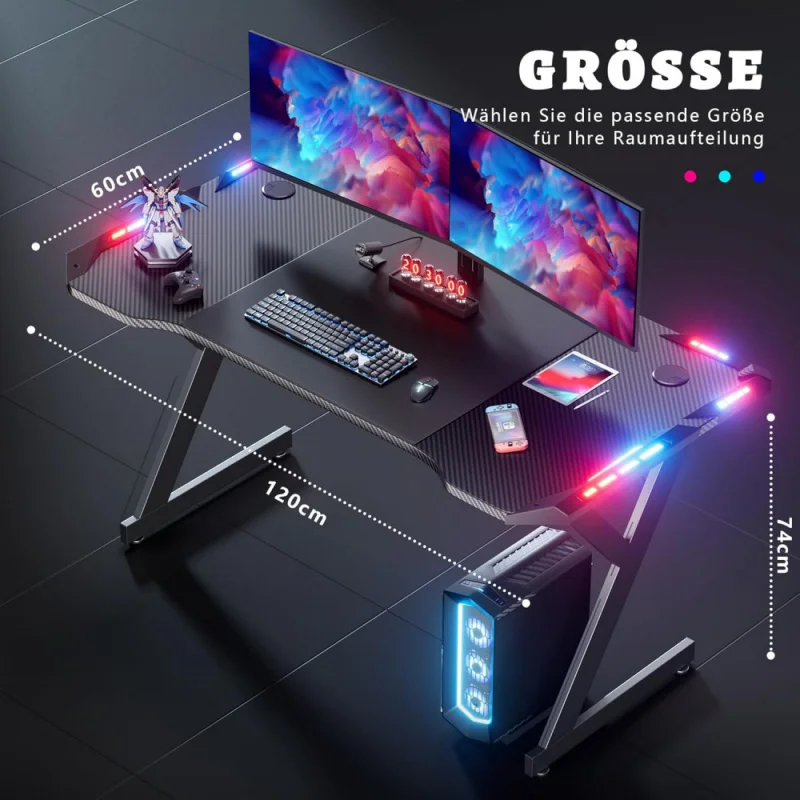 مكتب ألعاب LED مقاس 120 × 60 سم، طاولة مع LED، طلاء قوي من ألياف الكربون PC، طاولة ألعاب