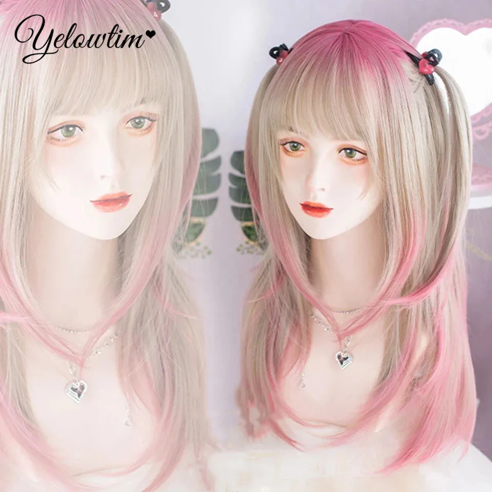 YELOWT Long Natural Wavy Platinum Blonde Pink Wigs with Bangs Cosplay Party Lolita Synthetic Wigs for Women Heat Resistant Fiber