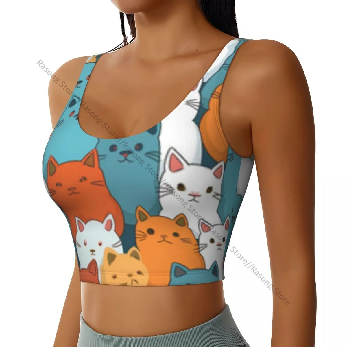 Yoga Vest Women Gym Sports Crop Tops Cute Cartoon Cats Illustration Streetwear Workout Breathable Tank Top Female