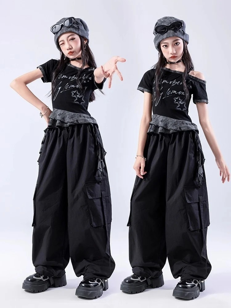 Vêtements de danse Jazz Vintage pour filles, haut nombril noir, jupe gothique, pantalon, Costume de danse Hip Hop, Costume de spectacle de pom-pom girl BL16526