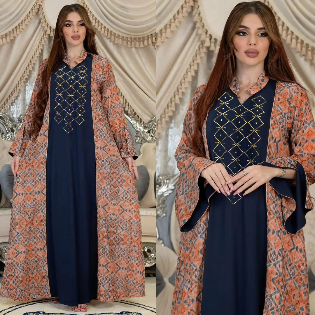 

Middle East Muslim Ethnic Print Women Maxi Dress Eid Ramadan Abaya Dubai Turkey Kaftan Arab Robe Kebaya Marocain Caftan Jalabiya