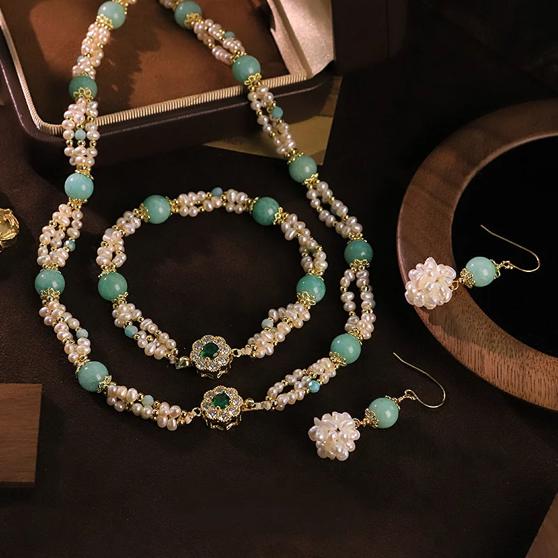 

Комплект украшений в китайском стиле с жемчугом и камнями: ожерелье, браслет, серьги. Роскошный минималистичный универсальный модный аксессуар для вечеринок.