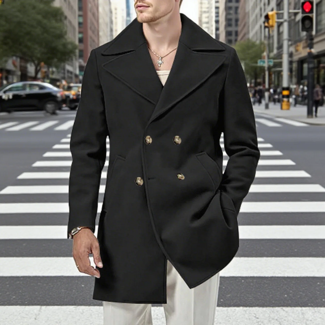 Men's Autumn Winter Leisure Lapel Double-breasted Mid-length Overcoat Male Classic Solid Slim Fit Outdoor Trench Coat Outerwear