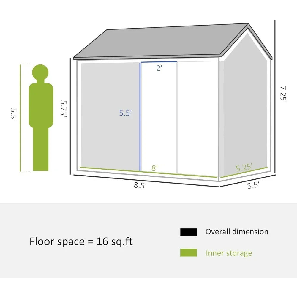 8' x 6' Aufbewahrungsschuppen für den Außenbereich, Gartenschuppen mit Fenstern und doppelter Verriegelungstüren, Werkzeugschuppen-Aufbewahrungsraum für den Außenbereich mit schrägem Dach