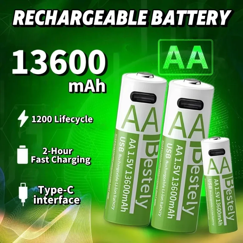 Bestely nova bateria de lítio recarregável aa 1.5v 13600mah usb tipo-c aa baterias de íon-lítio para controle remoto brinquedo de fechadura de porta inteligente