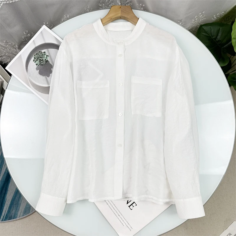 

Элегантная женская шелковая рубашка с длинным рукавом, воротником-стойкой и двумя карманами, рекомендуемая для офиса, H3500, модный топ, женская рубашка