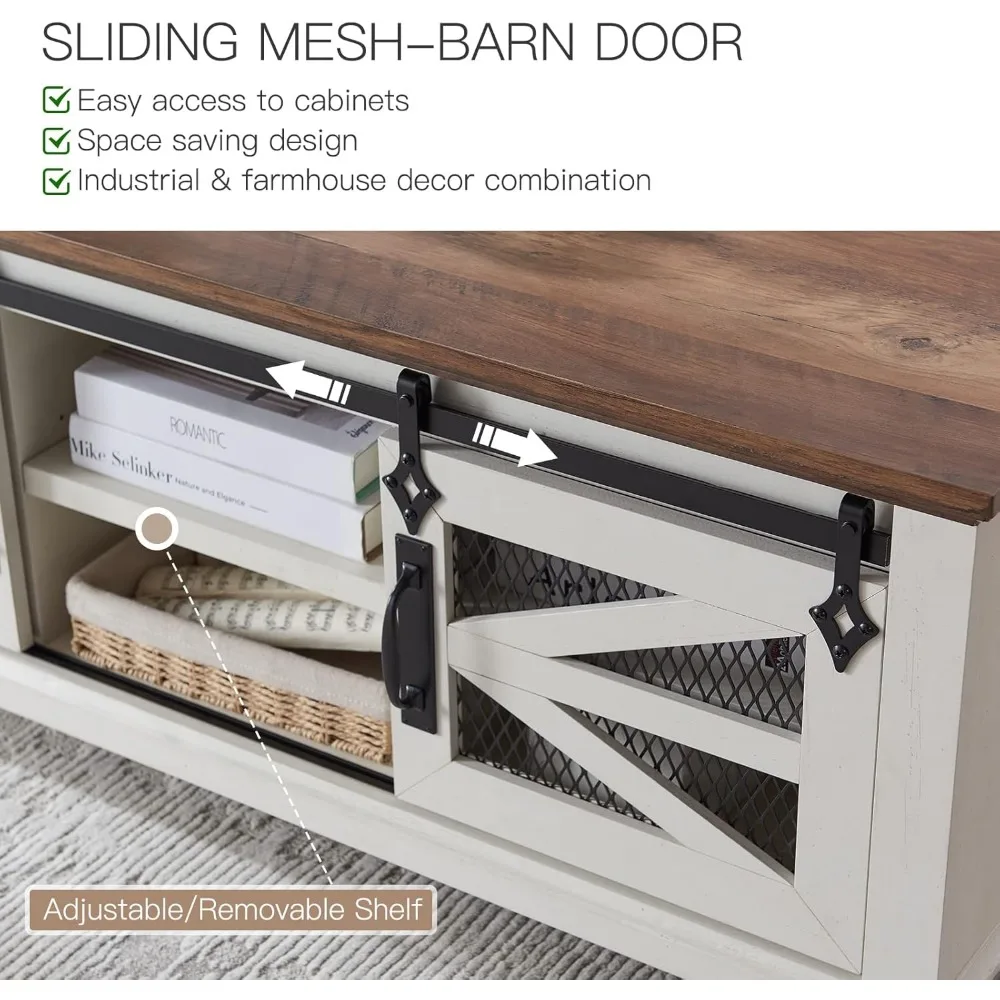 48 Inch Coffee Table with Storage and Sliding Barn Door, Adjustable Shelf, Modern Rectangular Country Style Living Room