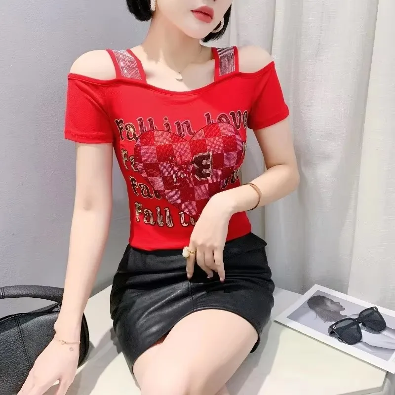 2024 Streetwear Meisje Zomer Off Schouder Vrouwen Mesh Tops Elegante Causale Slanke Hot Diamanten Vrouwelijke Mode Sexy T-shirt Tees