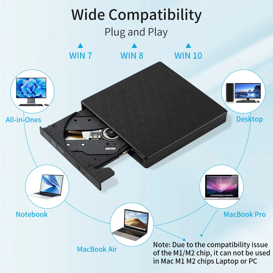 AMMTOO Unità DVD esterna USB 3.0 Lettore portatile +/-RW per masterizzatore CD ROM compatibile con laptop PC desktop Windows