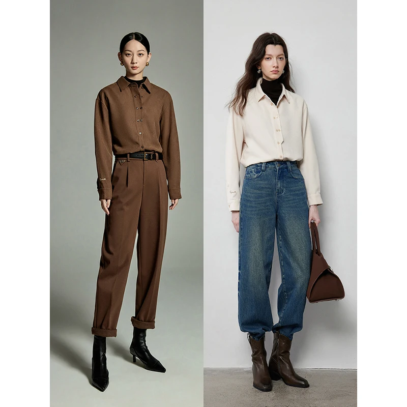 TOYOUTH Women Shirt 2024 Autumn Long Sleeve Polo Neck Loose Blouse Asymmetric Placket Fashion Commuting Coffee Warm Tops