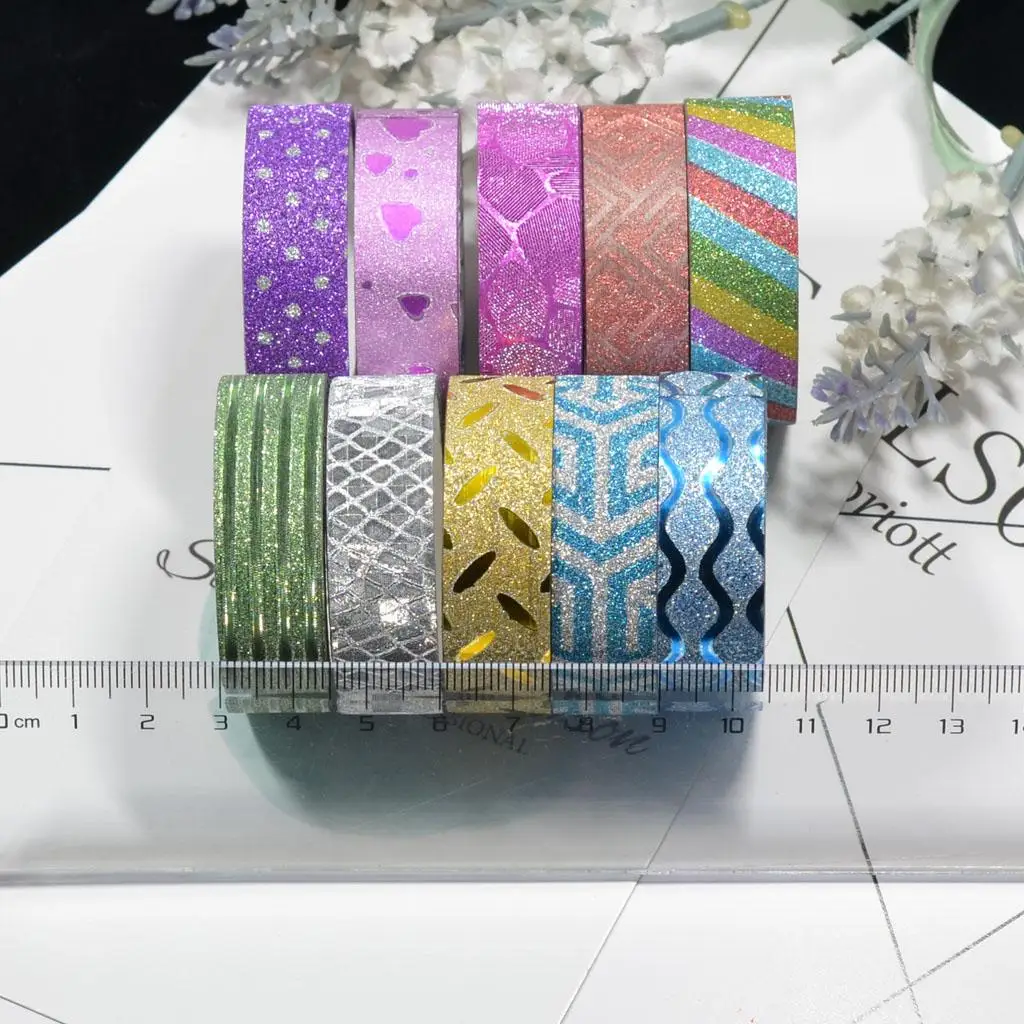 10 rollos de cinta adhesiva Washi con purpurina, para álbum de recortes, 1,5 cm x 3m