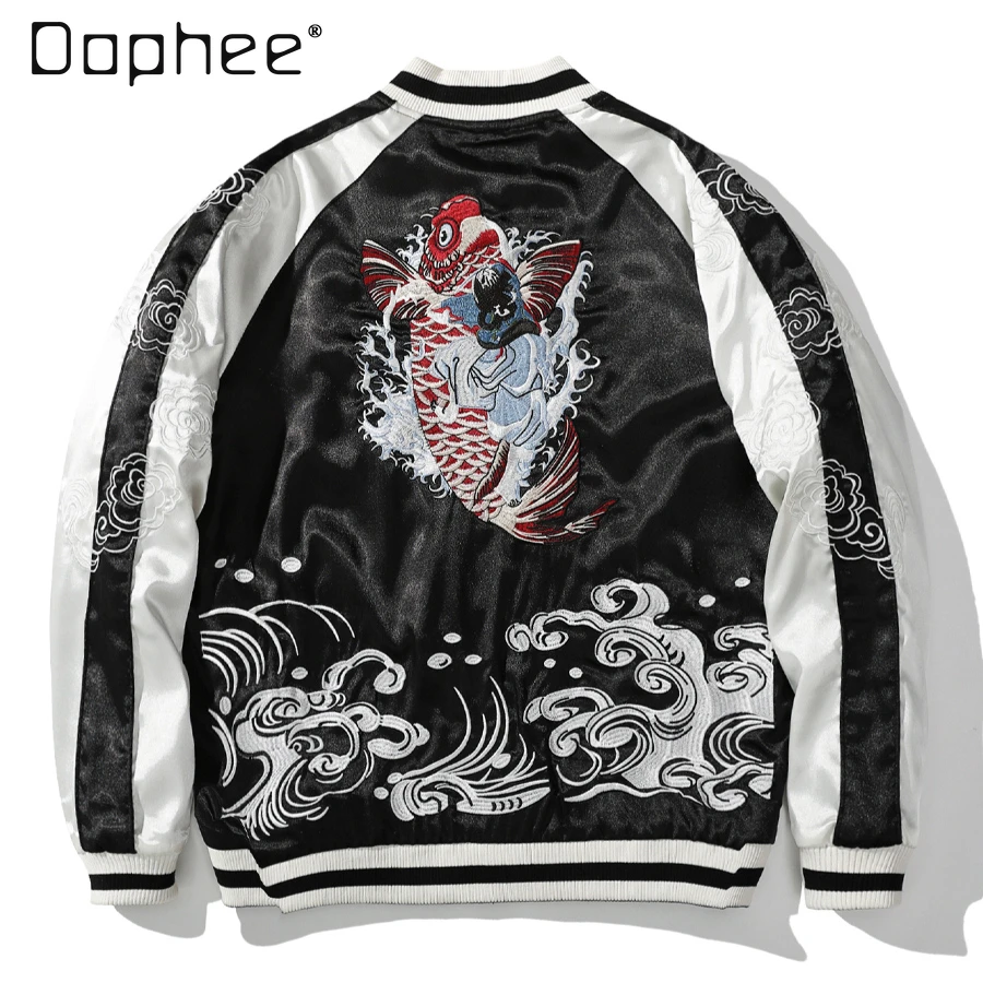 Yokosuka-Veste de Baseball pour Homme et Femme, Broderie Réversible, Dragon, Carpe, Bomber, Harajuku, Manteau Japonais, Streetwear, Hip Hop