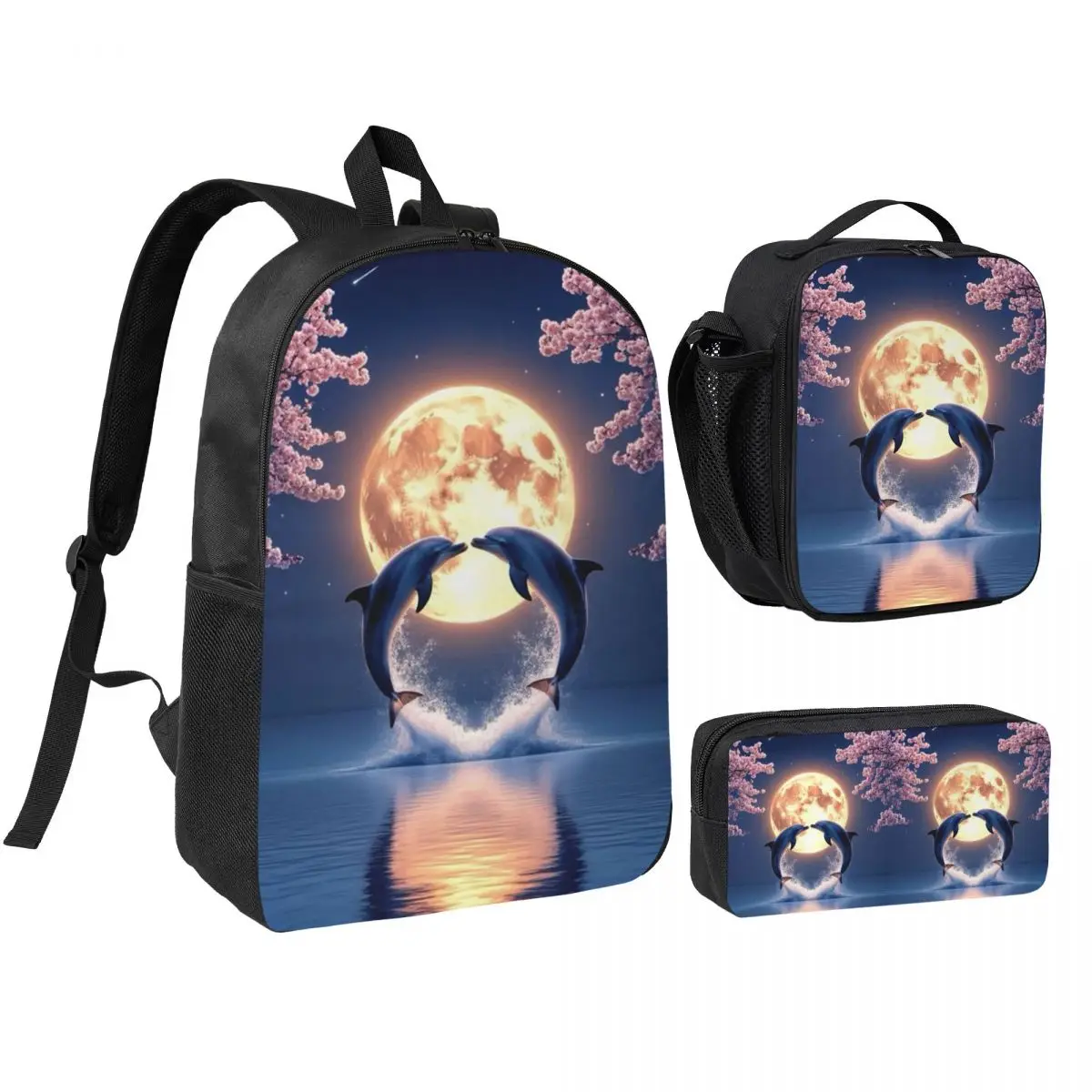 Two Charming Dolphin In Sea Backpack Student BookBag School Bag Shoulder Bags 3ps Insulated Lunch Bag Pencil Case