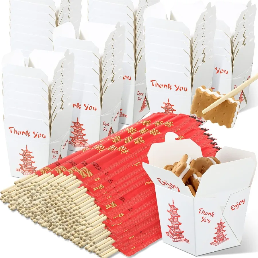 

100 Sets 8 oz Chinese Take Out Boxes with Chopsticks Pagoda Paper Food Containers with Sleeved and Separated Disposable Chopsti