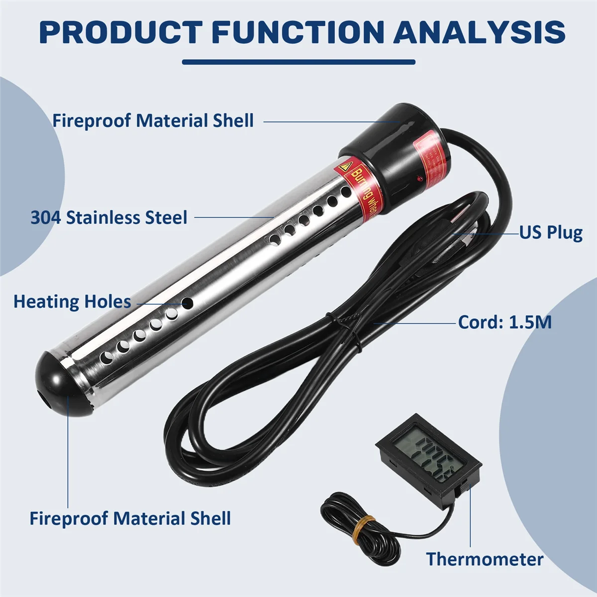 Immersion Heater, Portable Electric Submersible Instant Water Heater, Used in Swimming Pool Tub Bathtub US Plug-LITE