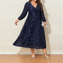 Kobiety Plus Size 1XL-6XL Lantern Long Sleeved Autumn Winter Elegant Party Night Dress Solid Fashion V Neck Formal Evening Dresses