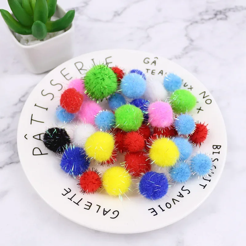 10/15/20/25/30mm Mix Color Glitter Tinsel Pom Pom DIY Doll Craft Sparkly Pompom Balls Wedding Christmas Scrapbook Decoration 20g