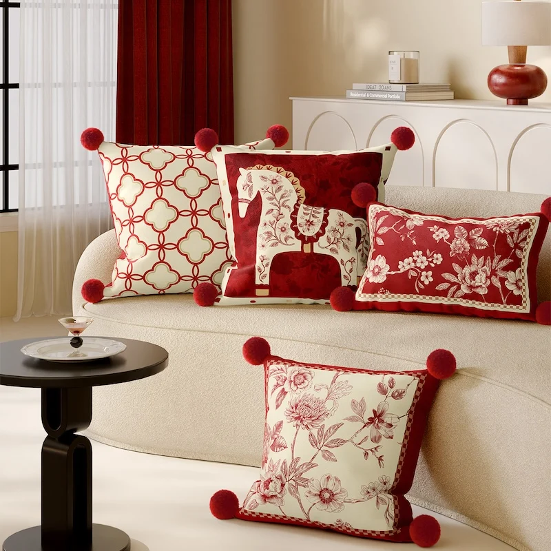 Chinese Red Velvet Pillows Horse Print Cushion Case Joyful Red Square Decorative Pillow Cover For Sofa Chair Home Decorations