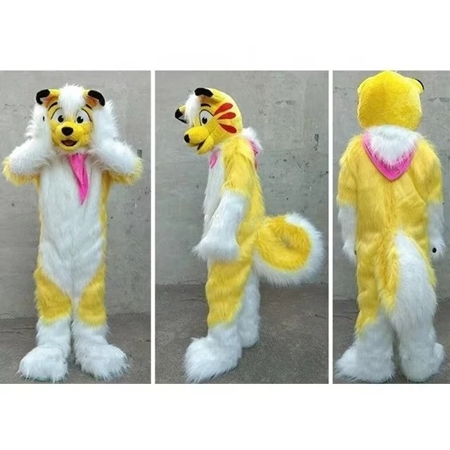 

Halloween Fur Yellow Long Hair Husky Fox Dog Mascot Adult Costume Animal Role Playing Party Game Makeup