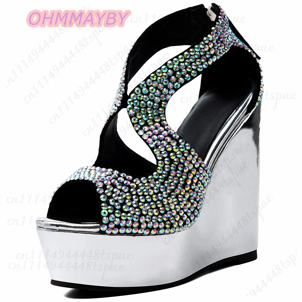 Women Iridescent Rhinestone Platform Wedge Sandals Peep Toe S-curve Cutout Silver Mirror Sexy Prom Party Evening Wedding Shoes