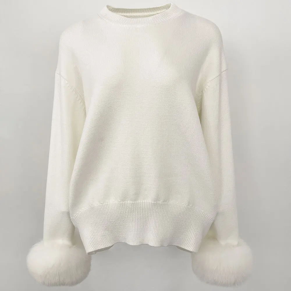 

Трикотаж женский новый осенне-зимний вязаный свитер в европейском и американском стиле, свободный однотонный съемный свитер с манжетами из натурального лисьего меха