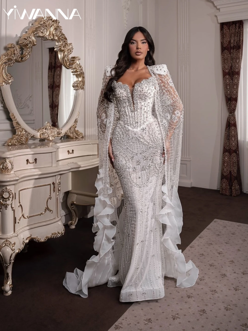 Luxury Beaded Rhinestone Wedding Dress With Shawl Sexy Deep V-neck Bridal Gown Customized Elegant Mermaid Long Dresses For Bride