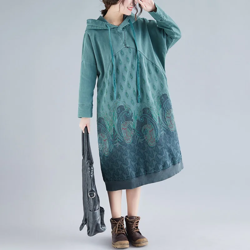 

Y2KEthnic Style Printed Hooded , Loose Casual Long Sweater, Spliced Dress, Spring And Autumn, New Minority, 2022