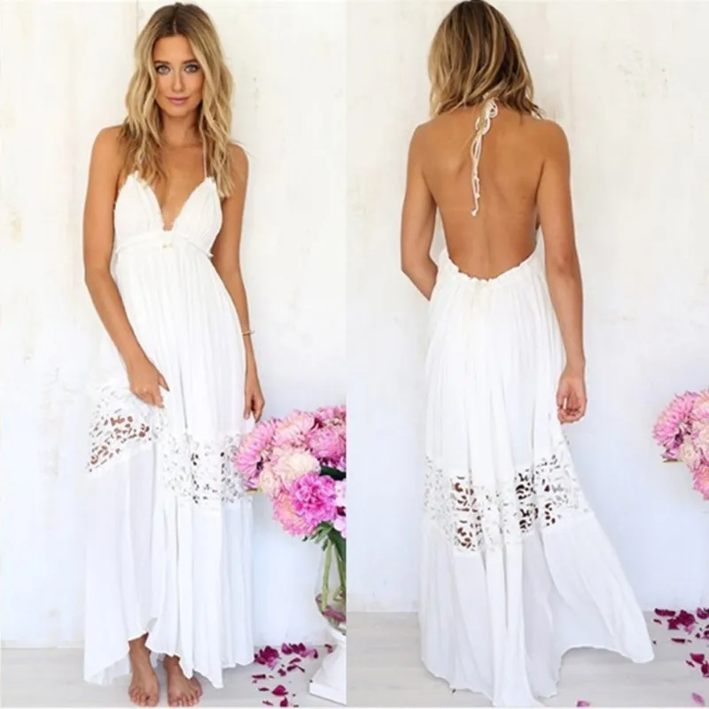 Letnia Sukienka na Ramiączkach Spaghetti Biała Damska Sexy Dekolt V Ażurowa Szydełkowa Boho Luźna Plażowa Długa Sukienka Damska Bez Pleców Sukienki Wakacyjne