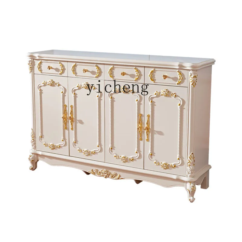 

LX white solid wood carving flower gold four door shoe cabinet foyer cabinet
