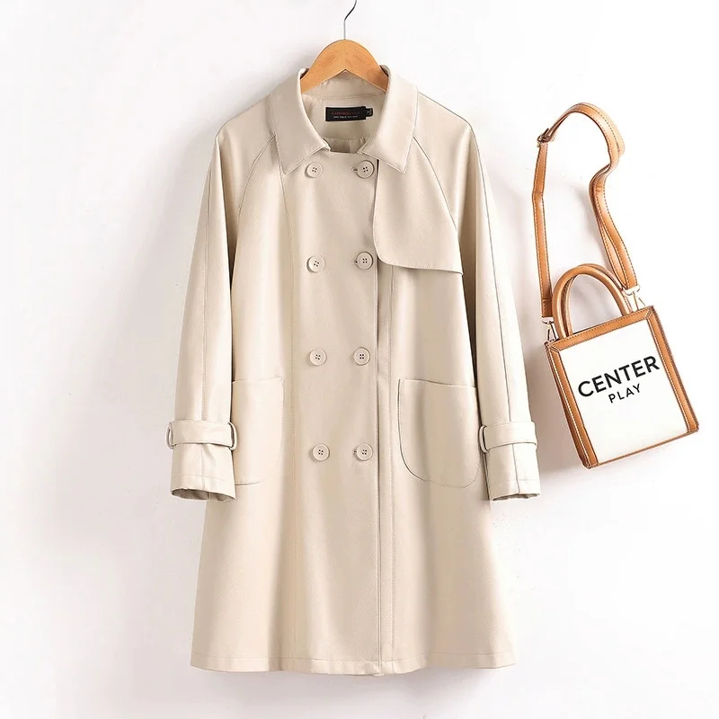 2025 hochwertige Leder Trenchcoat frauen Langen Mantel Herbst Winter Zweireiher PU Windjacke Lose Tops Dame Mäntel