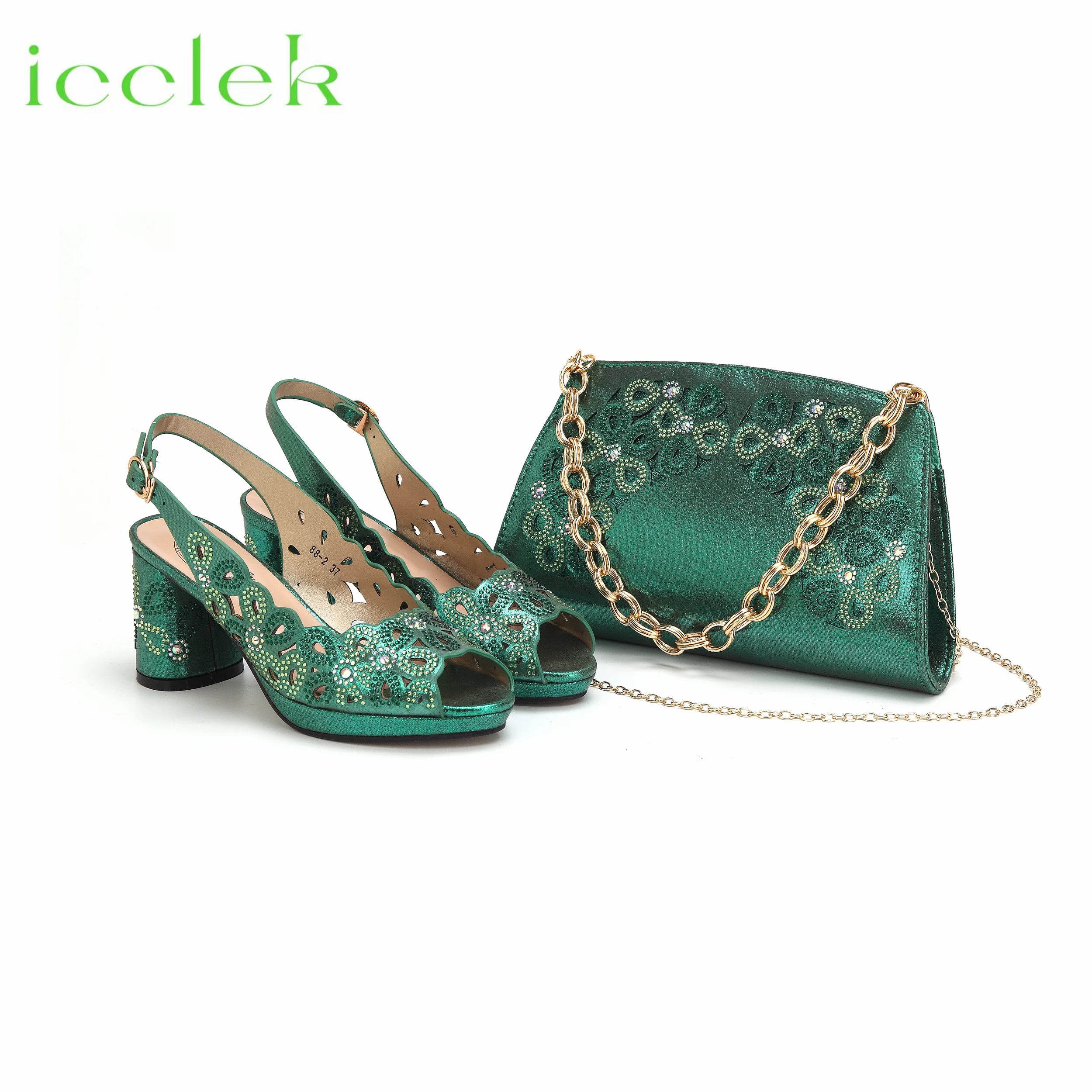 

Hot Selling Green Color Sexy Hollow Design Decorated with Rhinestines Sandal with Bag Set For Party Women