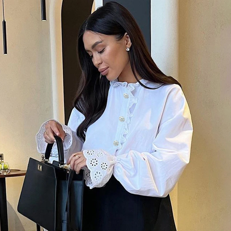 Ticketsx Fashion Ruffled Shirt Women's Stand Collar Flared Sleeves Diamond-In Buttons Top 2025 Female Casual Classic Loose Shirt