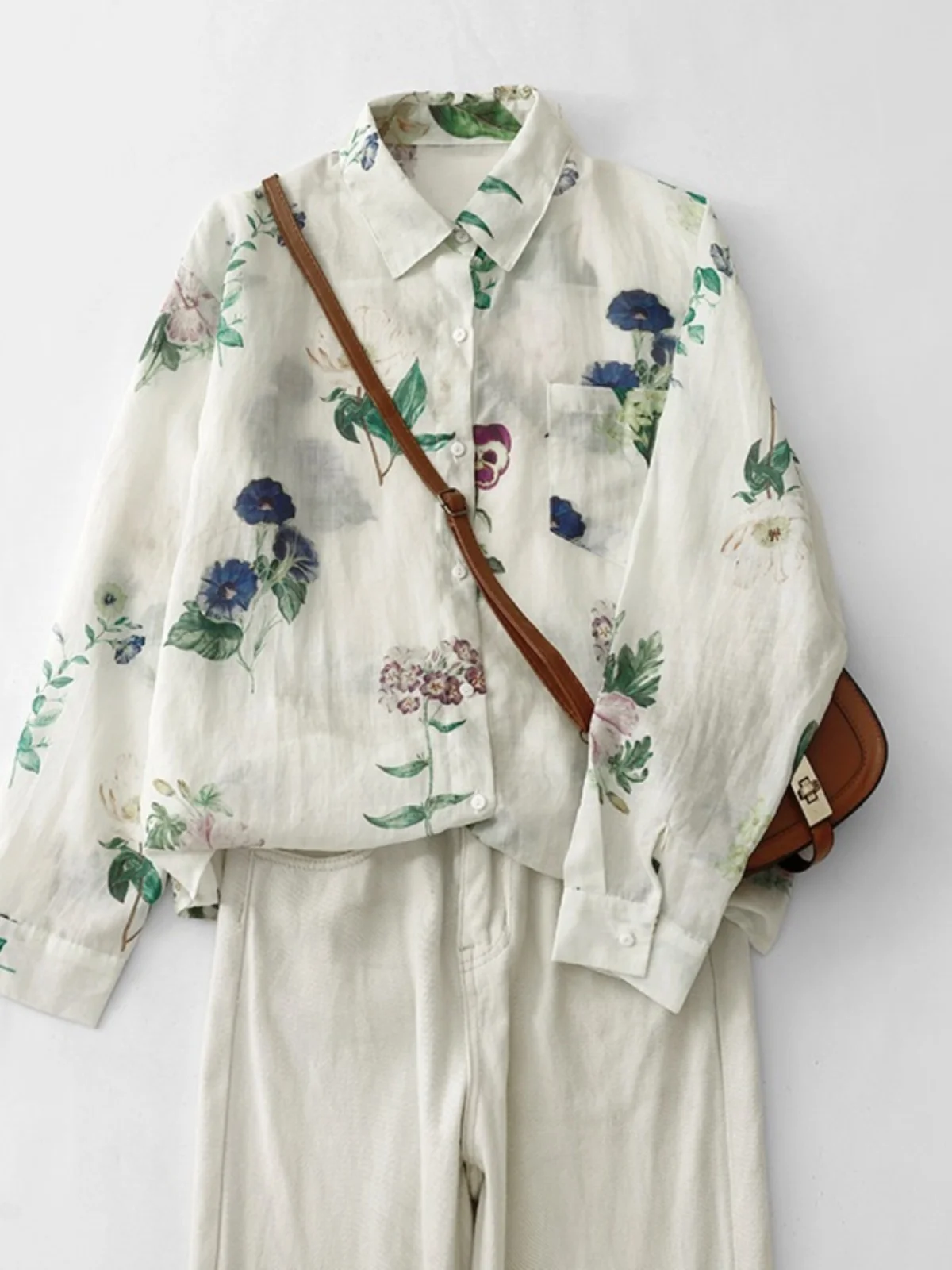 

Ele Flax Floral Print Casual Loose Long Sve irt Women's Spring Autumn Season Versatile Single Button Linen Top