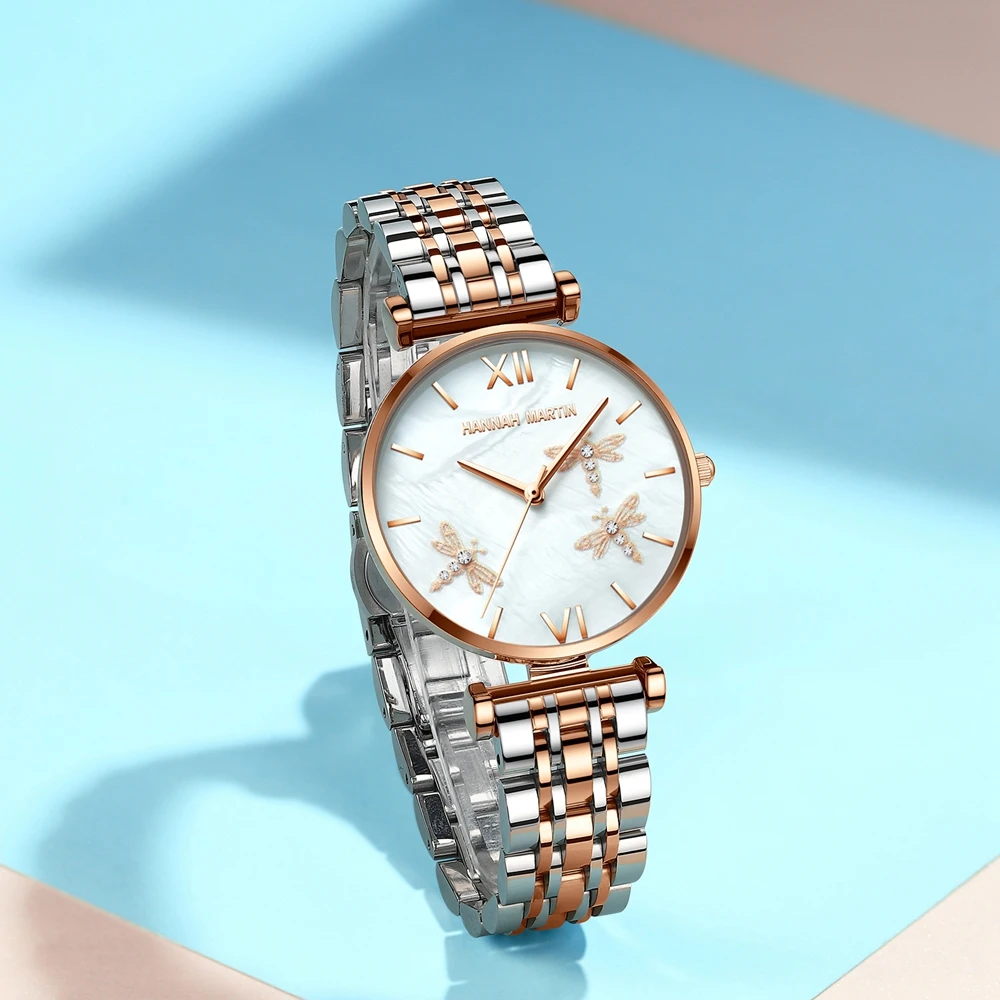 2021 New Dragonfly Design White Oyster Scallop Dial  Japan Quartz Ladies Watch Akoya Pearl Shell Stainless Steel Women Watches