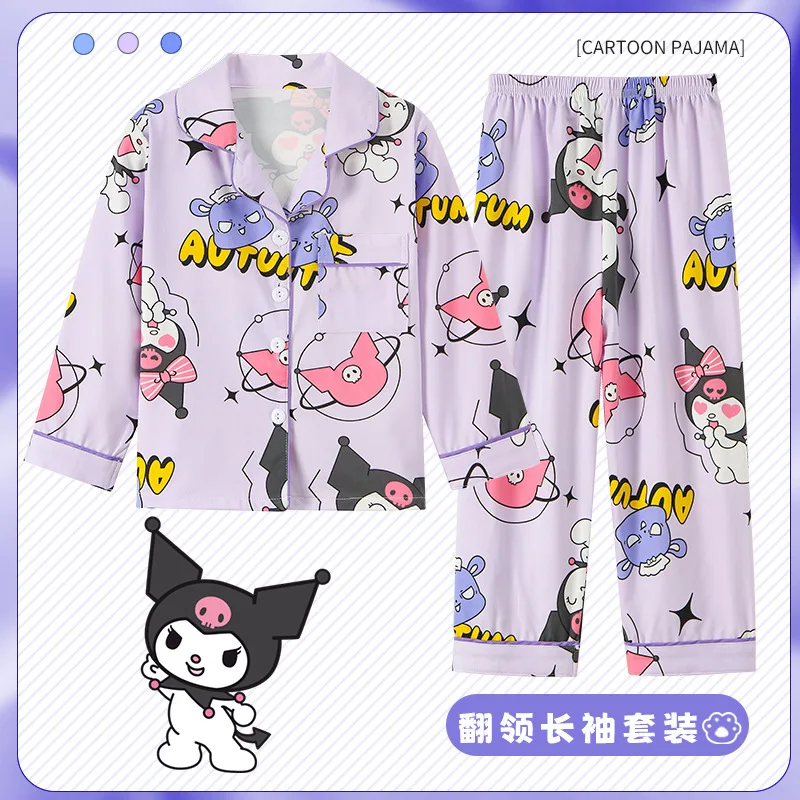 Sanrios Cinnamoroll Kuromi My Melody Children Pajamas Casual Spring Home Long Sleeve Flip Neck Cardigan Kid Girl Nightwear Pants