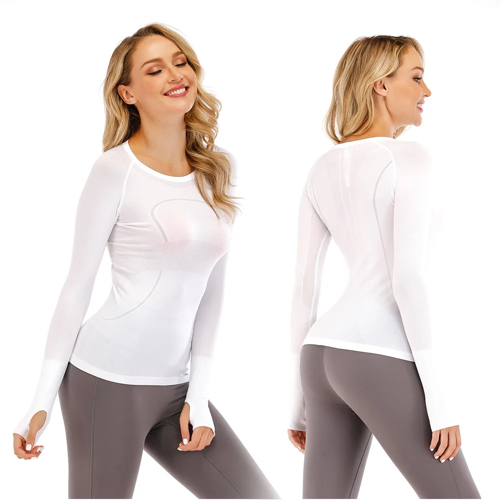 T-shirt per esercizi di Yoga a maniche lunghe girocollo ad asciugatura rapida Running Fitness Top collant traspiranti per le donne abbigliamento sportivo