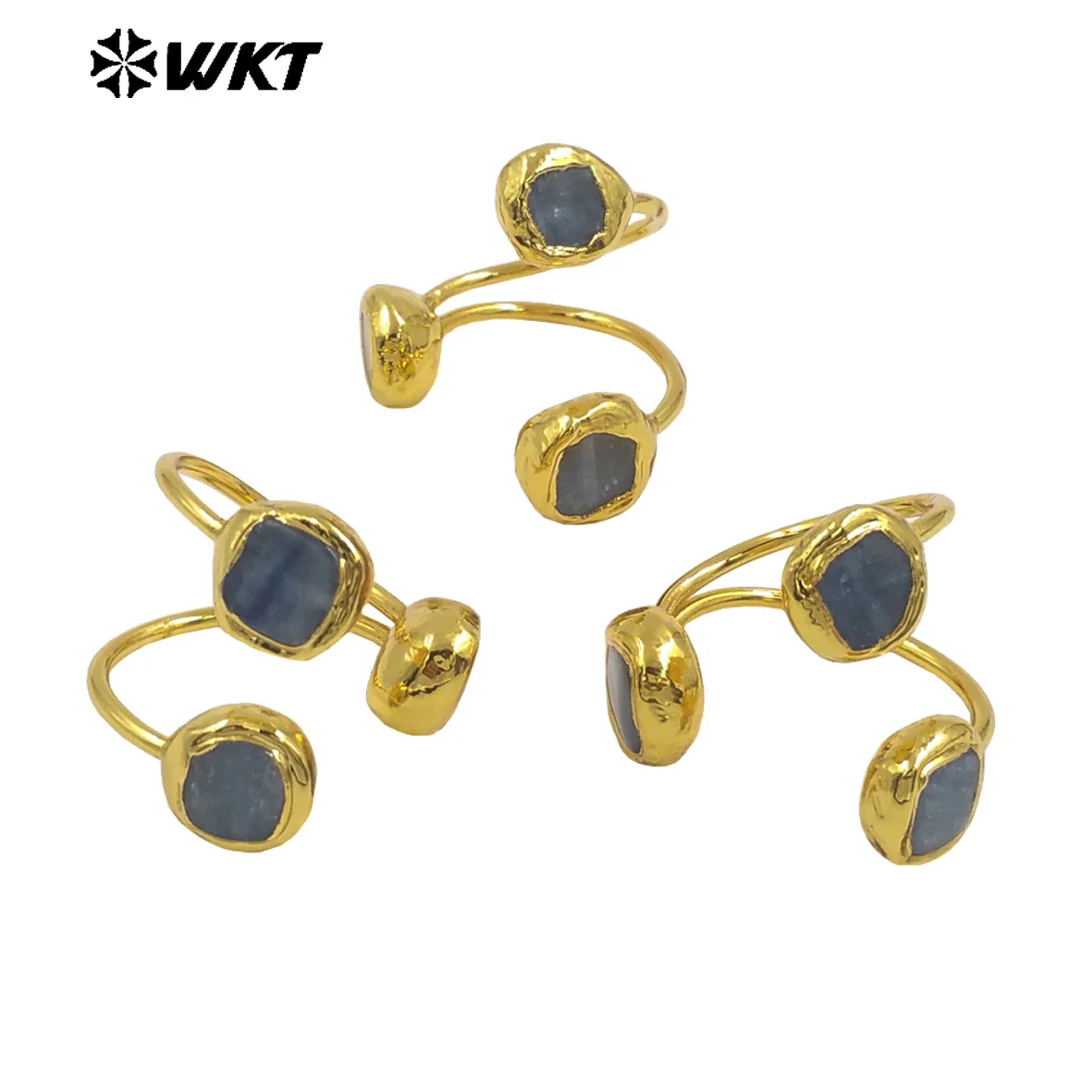 WT-R531  2024 Latest Popular Design Three Heads Open Curve Ring Blue Kyanite Inlaid With Gold Plated Women Jewelry