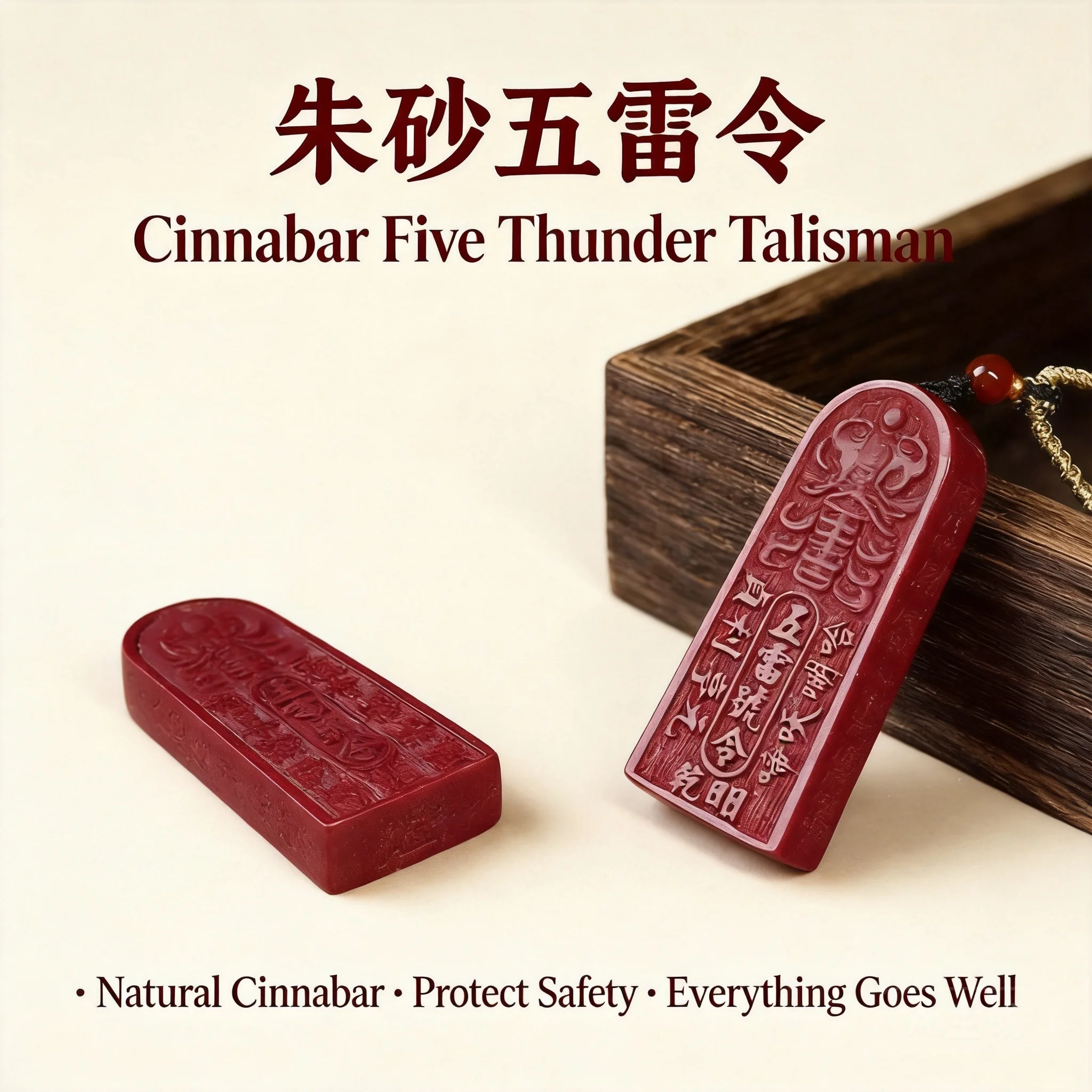 Chinese Style Natural Cinnabar Taoist Five Thunder Talisman Pendant Auspicious Blessing Luck Turning Protection Amulet Longhusha