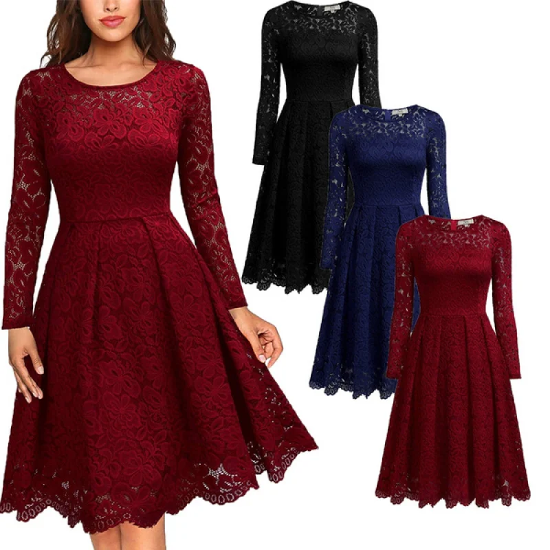 Women Elegant Long Sleeve 50s 60s Retro Style Roabilly Swing Wedding Party Dress Sexy Vintage Floral Lace Dress