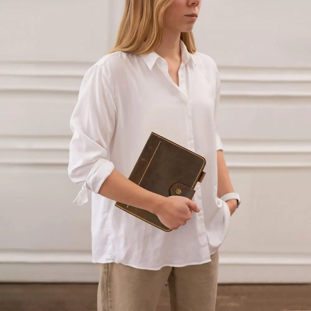 Planejador de fichário A5 de couro marrom, diário recarregável, caderno, fichário, presente personalizado para homens, liderança e cliente corporativo