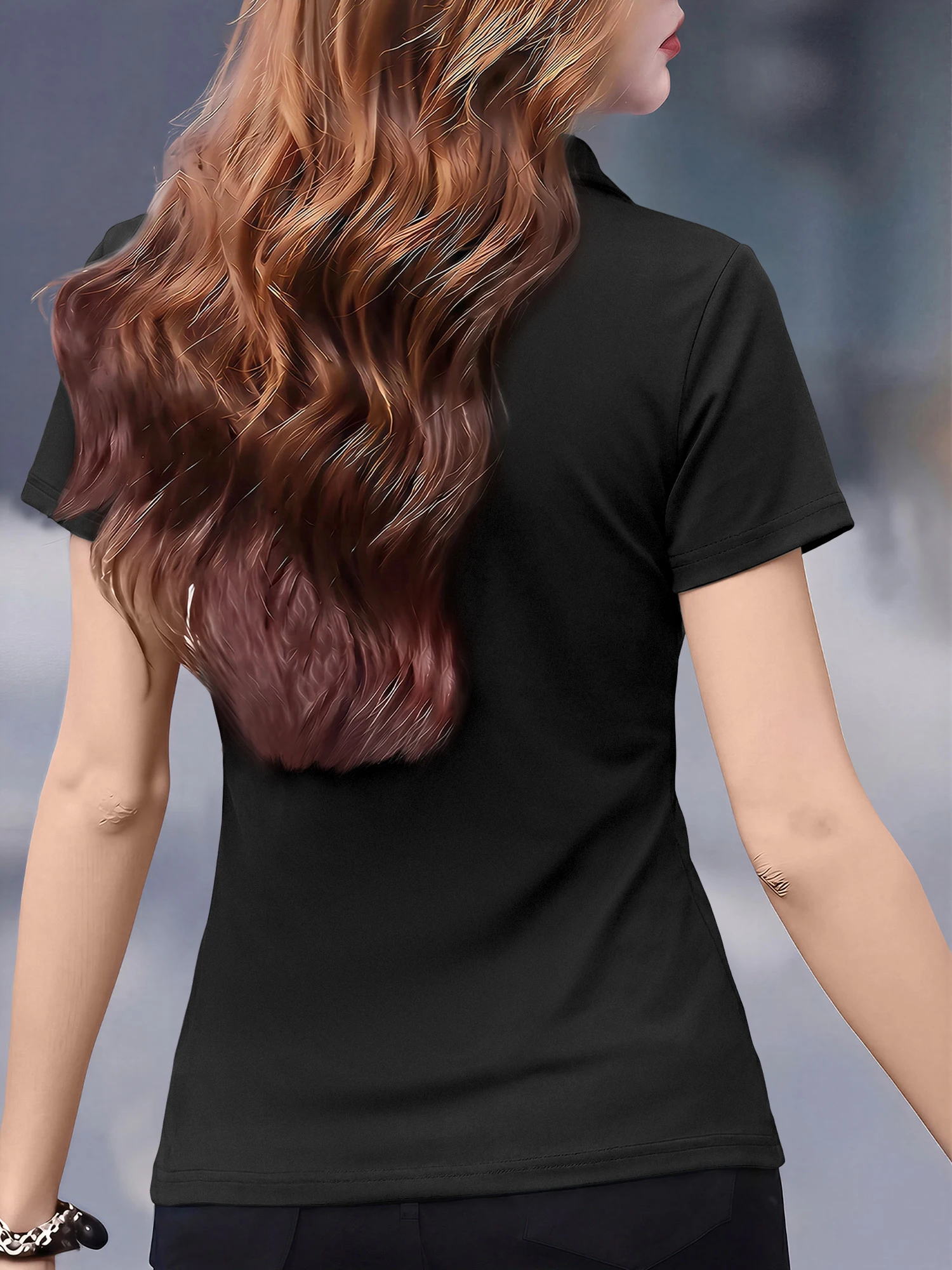 Minimalistisches Herz-EKG-Linien-Grafik Damen Kurzarm-Poloshirt mit Kragen, Schlanker Schnitt, Tägliches Casual-Sommer-Oberteil – Detail 5