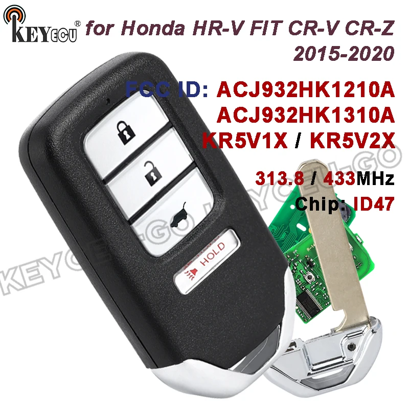 KEYECU 313.8/433.92MHz ID47 KR5V1X KR5V2X ACJ932HK1210A/1310A voor Honda HR-V FIT CR-V CR-Z 2015-2020 Slimme Afstandsbediening Sleutelhanger