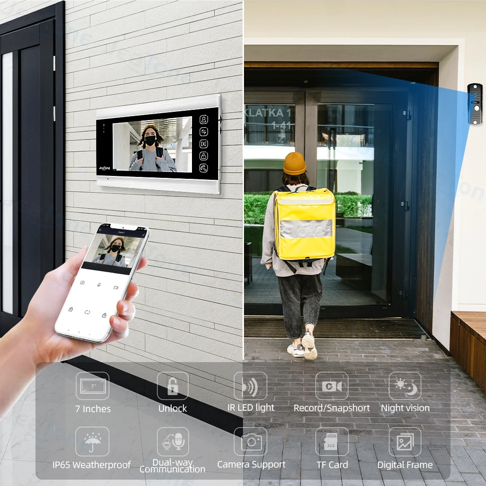 JeaTone WIFI Tuya APP 7 inch Video intercom to apartment Private residential walkie talkie Video call Wired Doorbell Camera