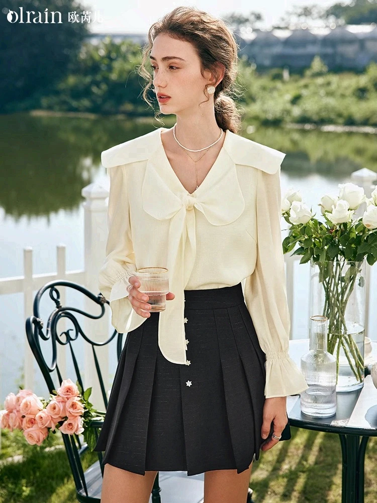 

OLrain, французская кружевная шифоновая блузка, женская осень 2024, новая элегантная однотонная рубашка с галстуком-бабочкой, женские топы с v-образным вырезом и длинными рукавами, O23CX69303