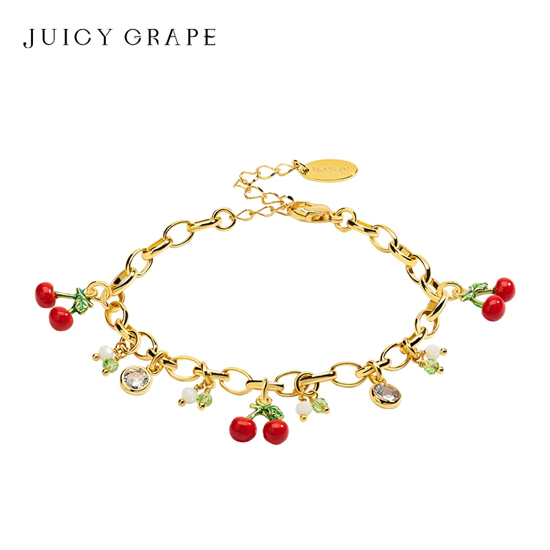 

Juicy Grape Cherry Bracelet Fruit Pendant Bracelet Adjustable Bracelet Handmade Enamel Bracelet Plated with18K Real Gold Gift