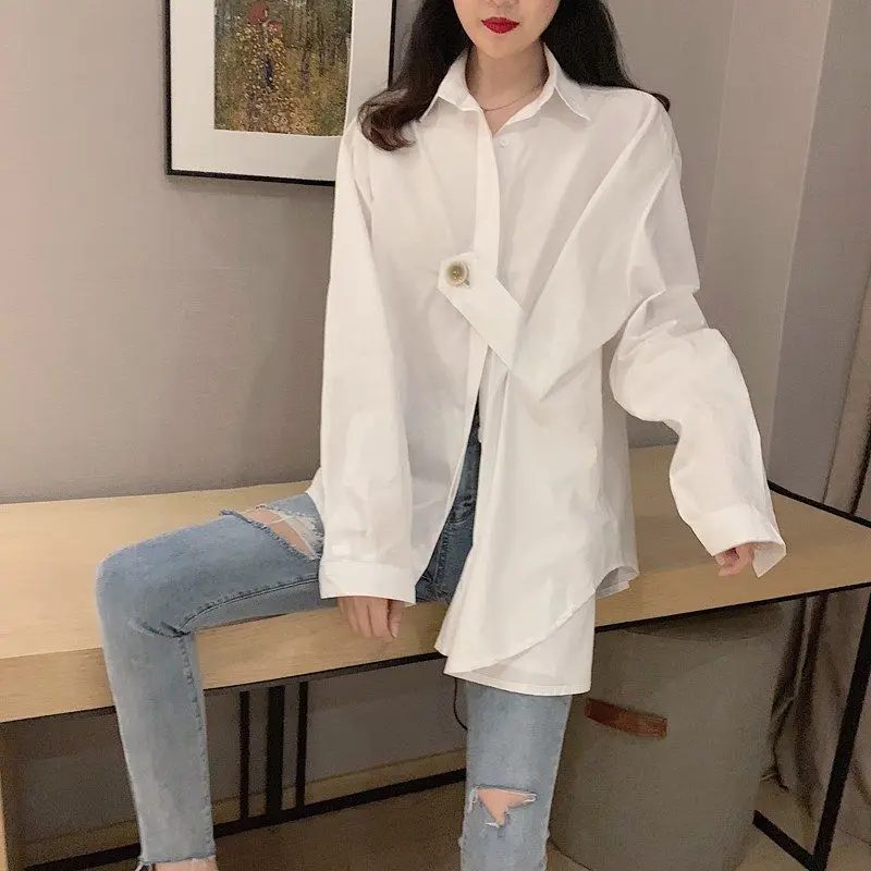 Irregular White Loose Trend Blouse Spring New Long Sleeve Polo Neck Solid Fashion Shirt Tops High Street Casual Women Clothing